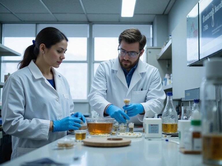Scientists in a lab coat performing quality control tests on natural ingredients.