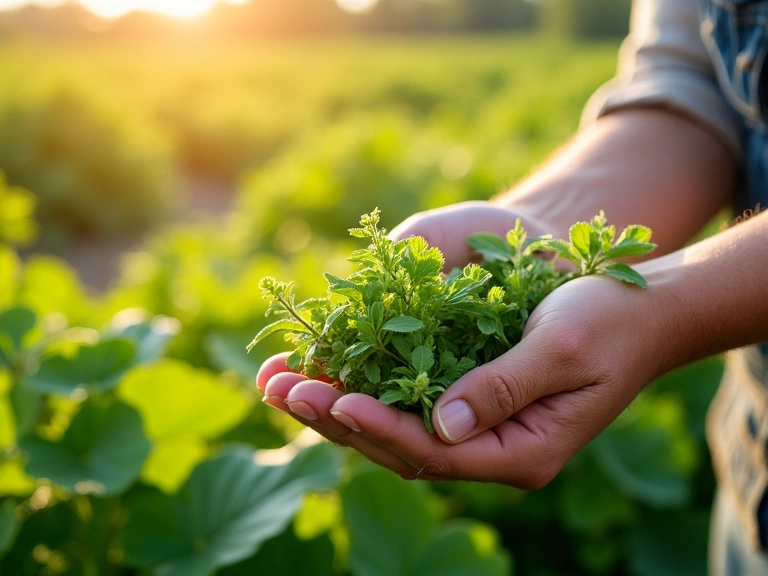 Sustainable harvesting of botanicals in a lush, green environment.