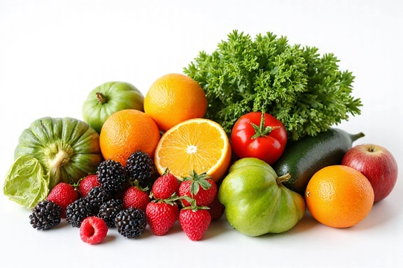 A vibrant assortment of colorful fruits and vegetables, artfully arranged to represent a balanced and nutritious diet, on a clean white background.