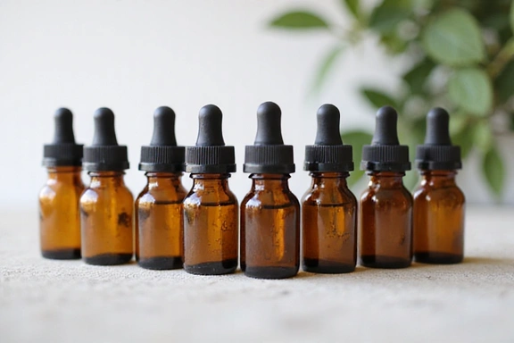 A collection of small bottles and droppers containing various essential oils, arranged on a clean, light-colored surface with soft lighting.