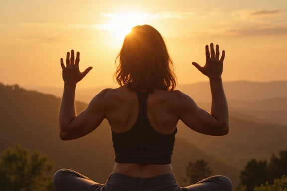 An individual performing gentle stretches or yoga poses in a serene outdoor setting at sunrise, illustrating the benefits of mindful movement.